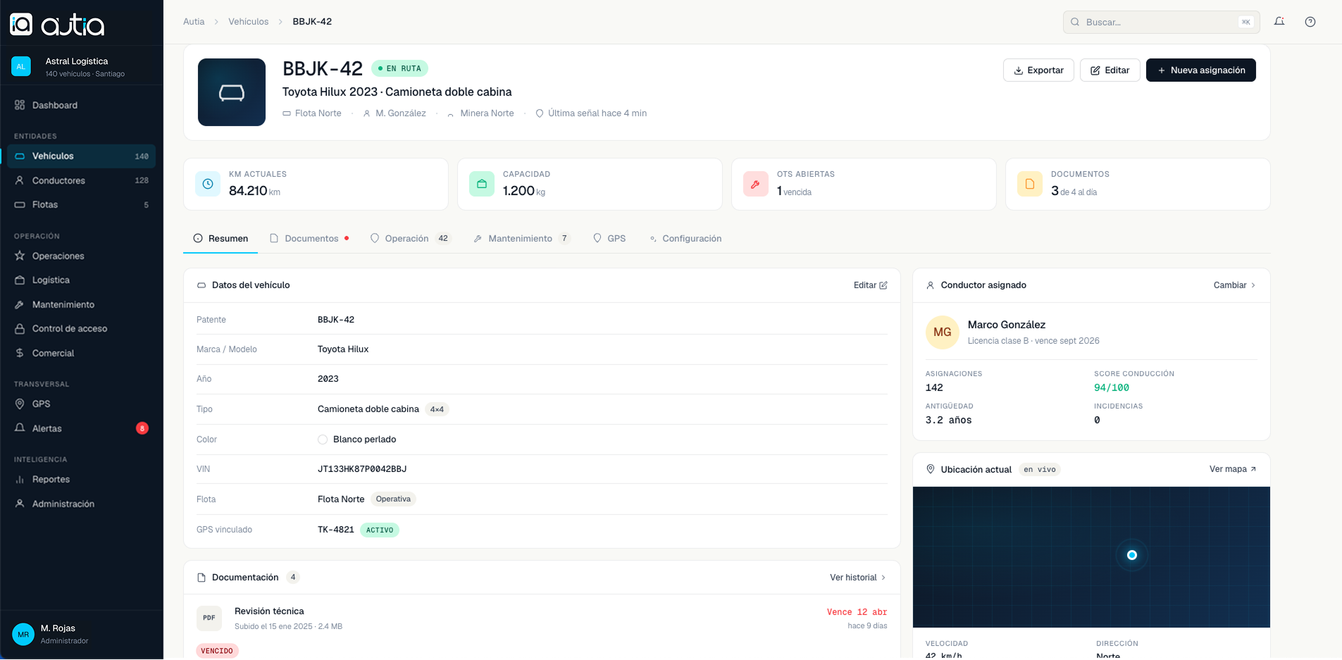 Ficha de un vehículo en Autia: datos del vehículo, documentación con vencimientos, conductor asignado y ubicación en vivo.